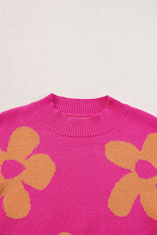 Große Blume Muster Mock Neck Long Sleeve Pullover