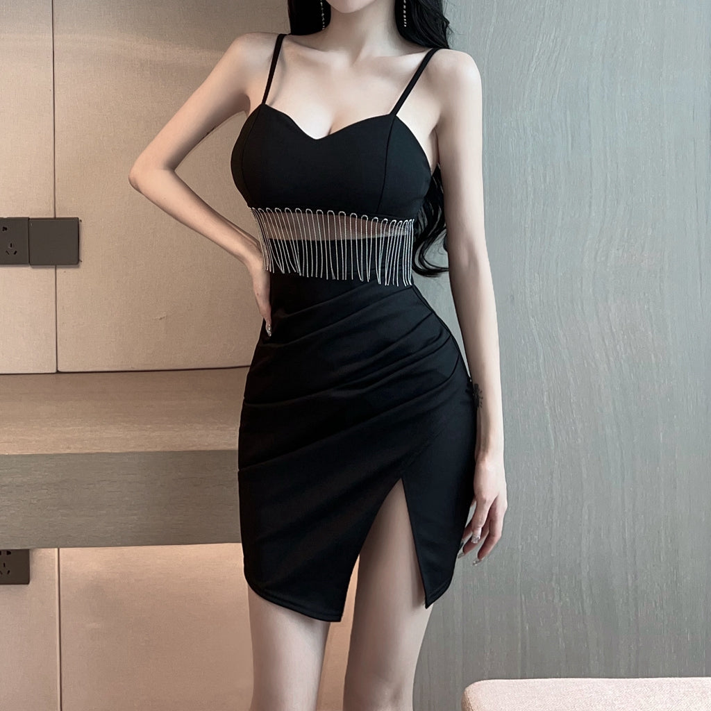 Heidi-Mode | Mesh Panel Ausschnitt Fransen Cami Cocktailkleid