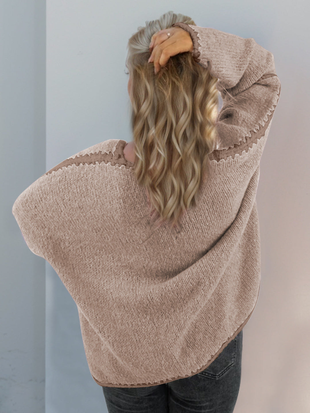 Heidi-Mode | Double Take Kontrast Offene Vorderseite Herunterfallende Schulter Strickjacke