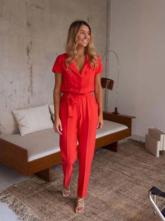 Heidi-Mode | Eleganter Casual Jumpsuit Mit V-Ausschnitt Und Gürtel