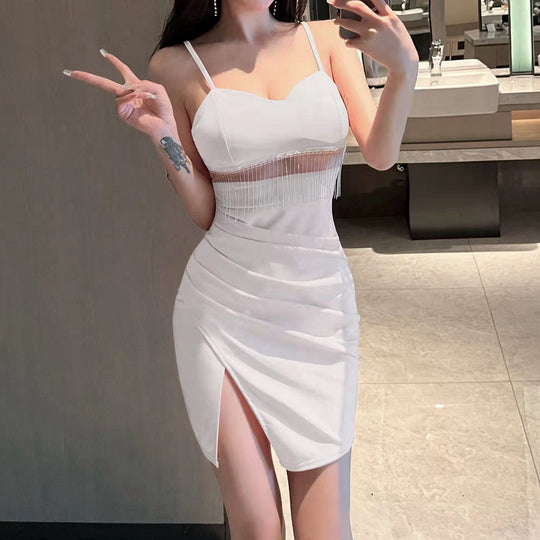 Heidi-Mode | Mesh Panel Ausschnitt Fransen Cami Cocktailkleid