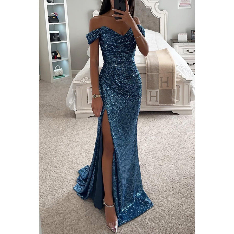 Heidi-Mode | Abendkleid Damen Schulterfreies Glitzer Maxikleid mit Schlitz für Hochzeit & Fest