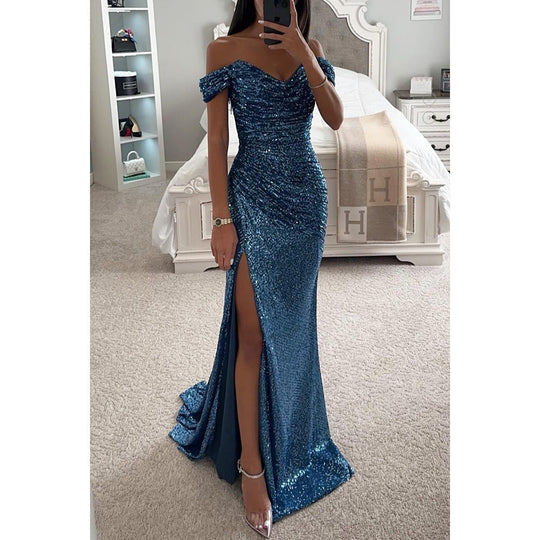 Heidi-Mode | Abendkleid Damen Schulterfreies Glitzer Maxikleid mit Schlitz für Hochzeit & Fest