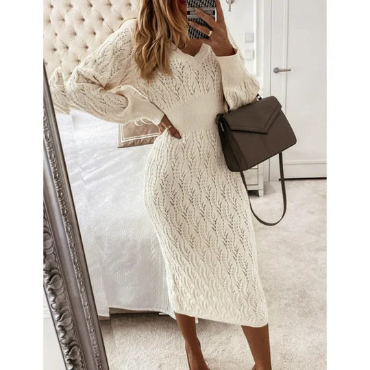 Heidi-Mode | Baumwolle Solid Eyelet Pullover V-Ausschnitt Langarm Midi Festliches Kleid Für Frauen - Ideal Für Formelle Anlässe