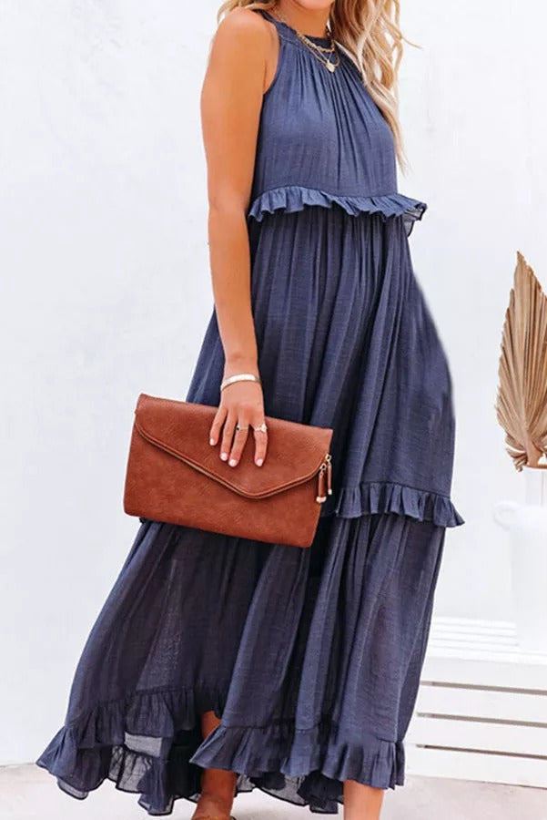 Heidi-Mode | Vittoria Raffung Rüsche Schichten Maxi Halter Kleid