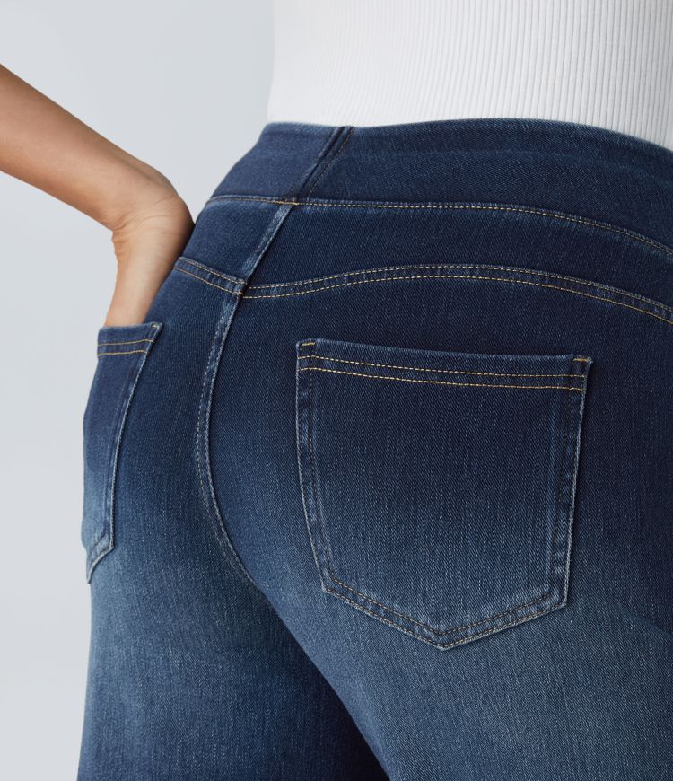 Heidi-Mode | Hochtaillierte Weite Bein Jeans mit Mehreren Taschen
