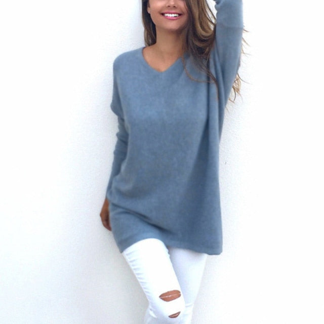 Heidi-Mode - Sweater |Eleganter langer Pullover mit V-Ausschnitt für Damen