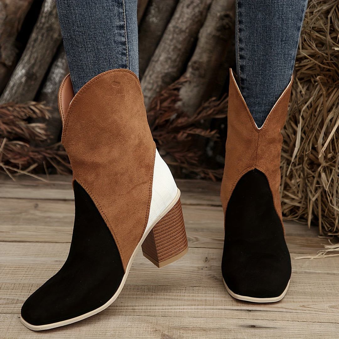 Heidi-Mode | Damen Stiefeletten Stickerei, Quadratische Schuhspitze, Dicker Absatz, Slip On Cowboy Stil aus Samt & Denim