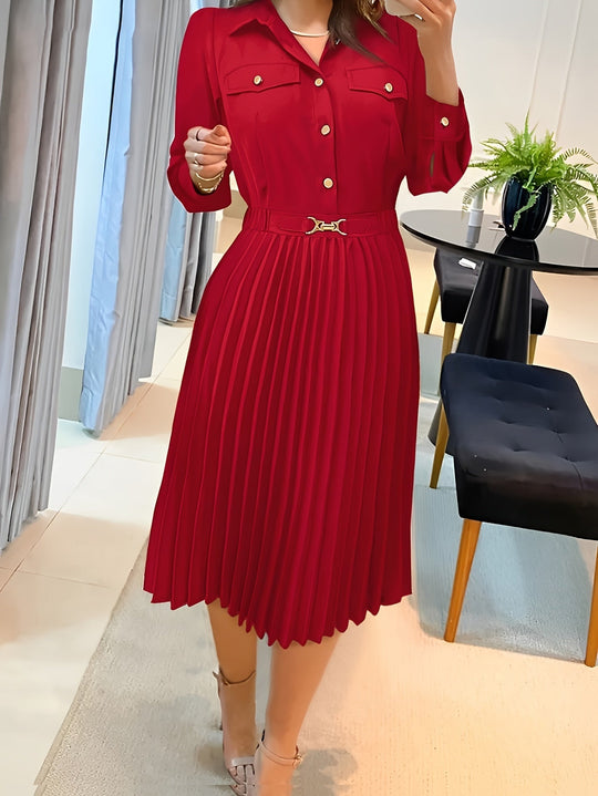 Heidi-Mode | Baumwolle Knopf Front Plissiert Langarm Abendkleid für Frauen
