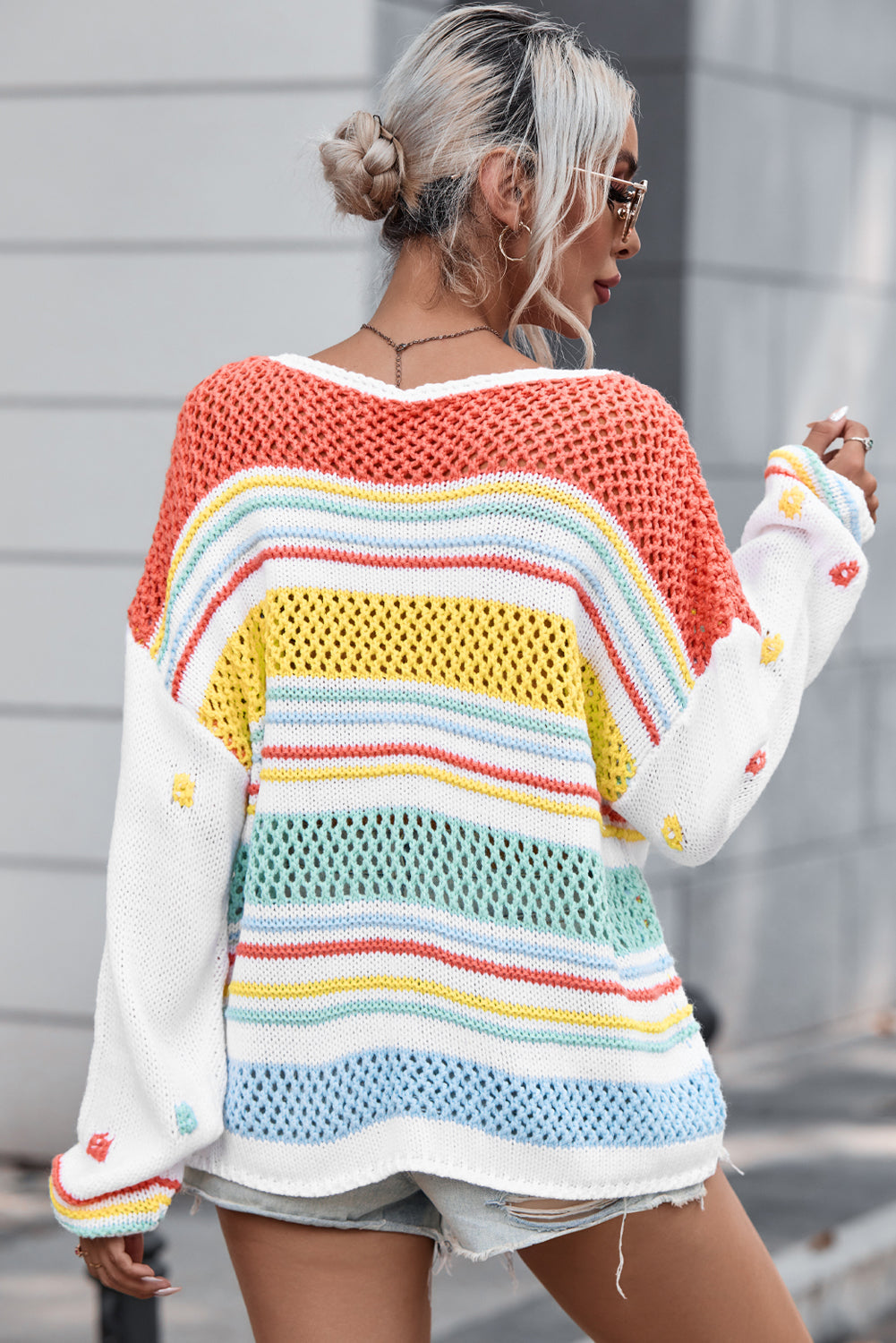 Hohl Gestreift Contrast Sleeve Pullover