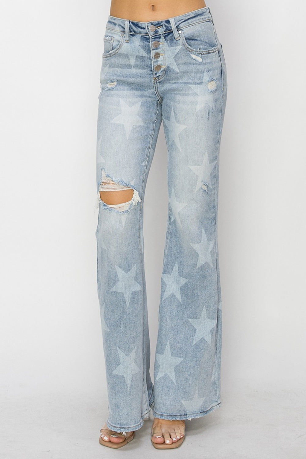 Heidi-Mode | Risen Mid Rise Knopfverschluss Start Druck Flare Jeans