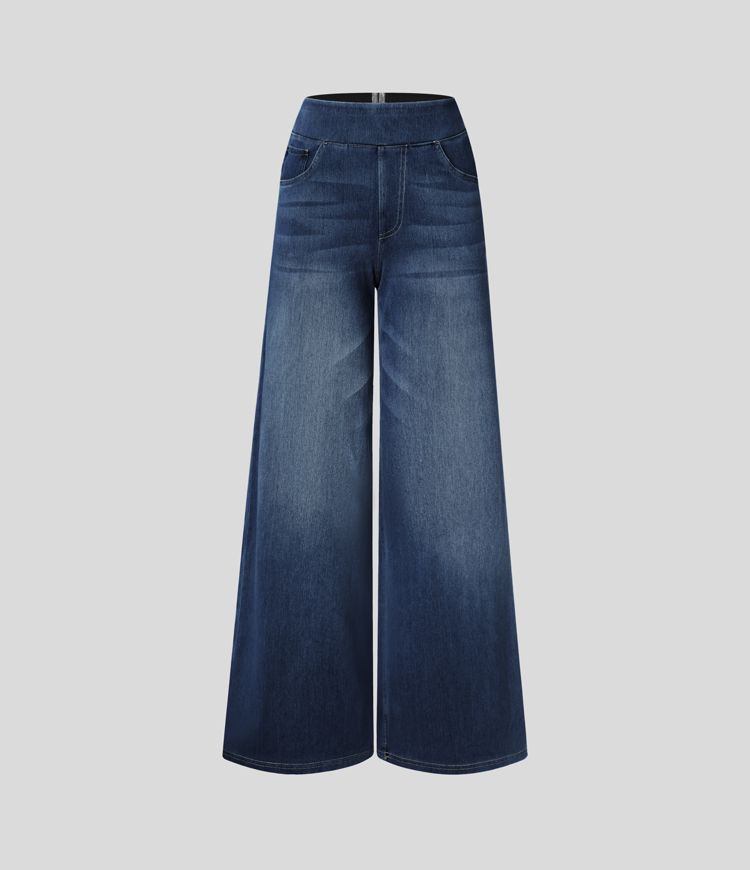 Heidi-Mode | Hochtaillierte Weite Bein Jeans mit Mehreren Taschen