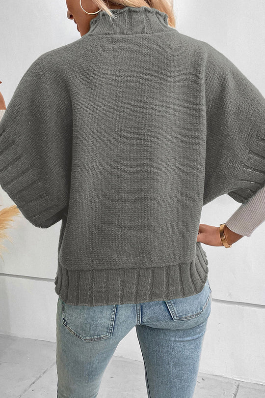 Grey Mock Neck Batwing Kurzarm-Strickpullover