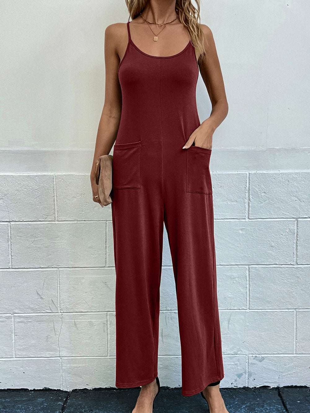 Heidi-Mode | mit Taschen Spaghetti-Träger Weit Bein Jumpsuit