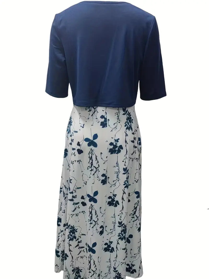 Heidi-Mode | Elegante Zweiteilige Blumenkleid-Set mit Einfarbigem Crop-Top und Rundhalskleid