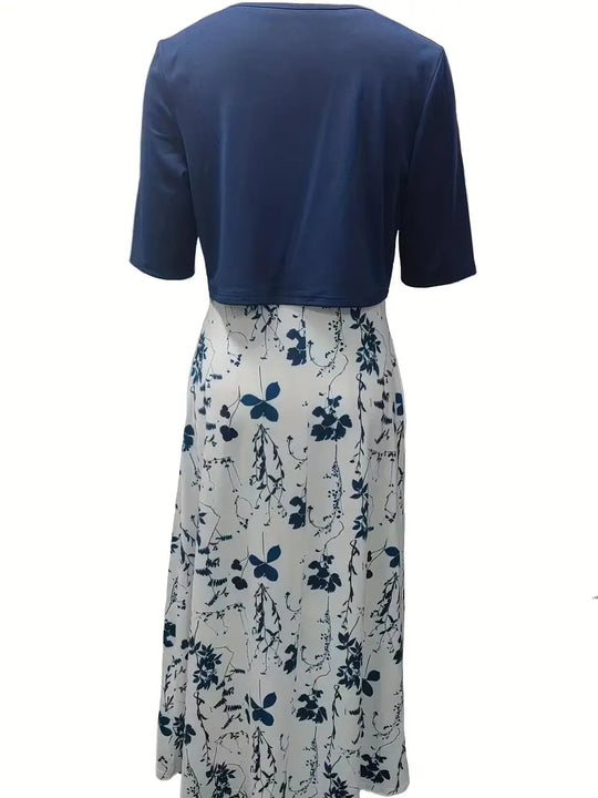 Heidi-Mode | Elegante Zweiteilige Blumenkleid-Set mit Einfarbigem Crop-Top und Rundhalskleid