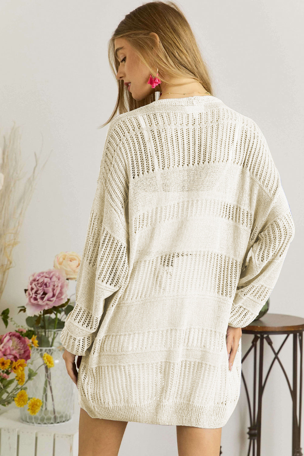 Weiße, Einfarbige, Leichte, Offen Gestrickte Tunika-Strickjacke