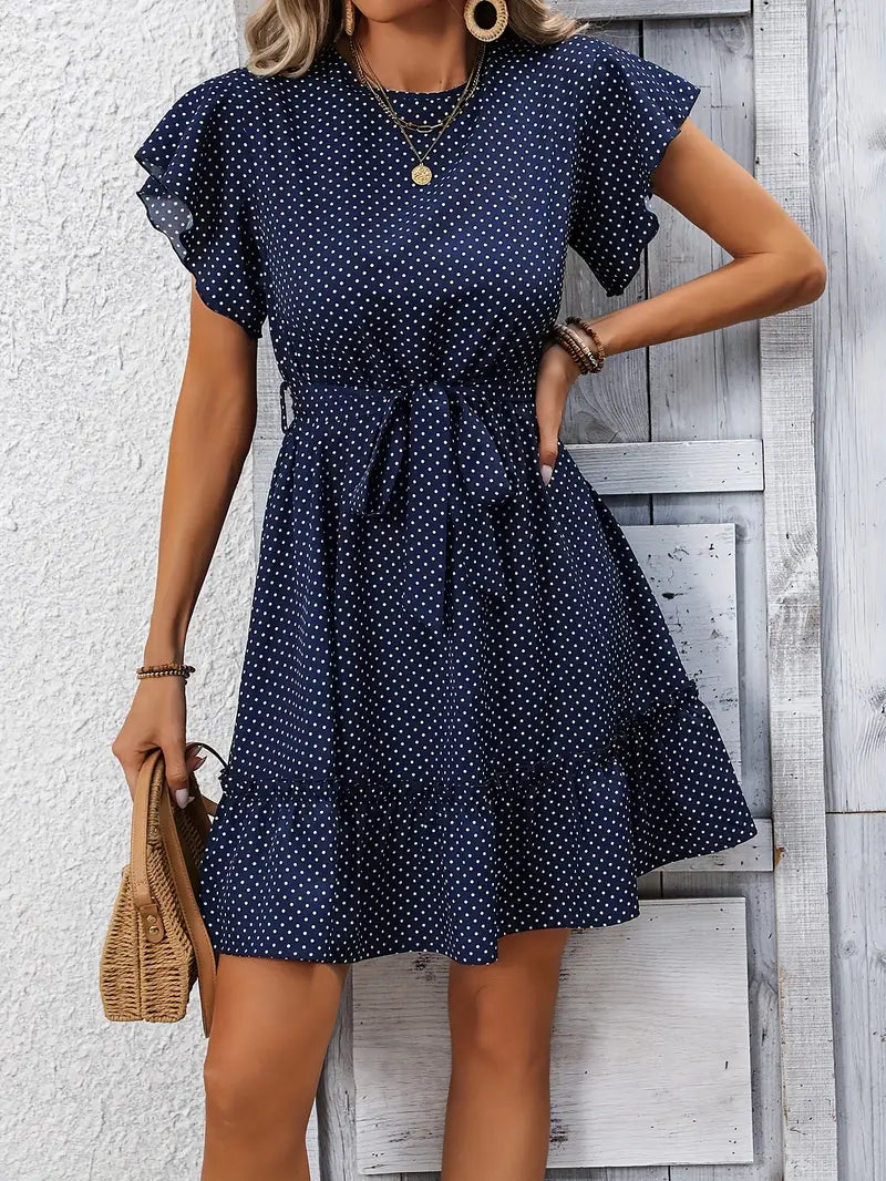 Heidi-Mode | Dunkelblaues Midi Kleid Punkt Elegant Sommerkleid mit Schleife Taille