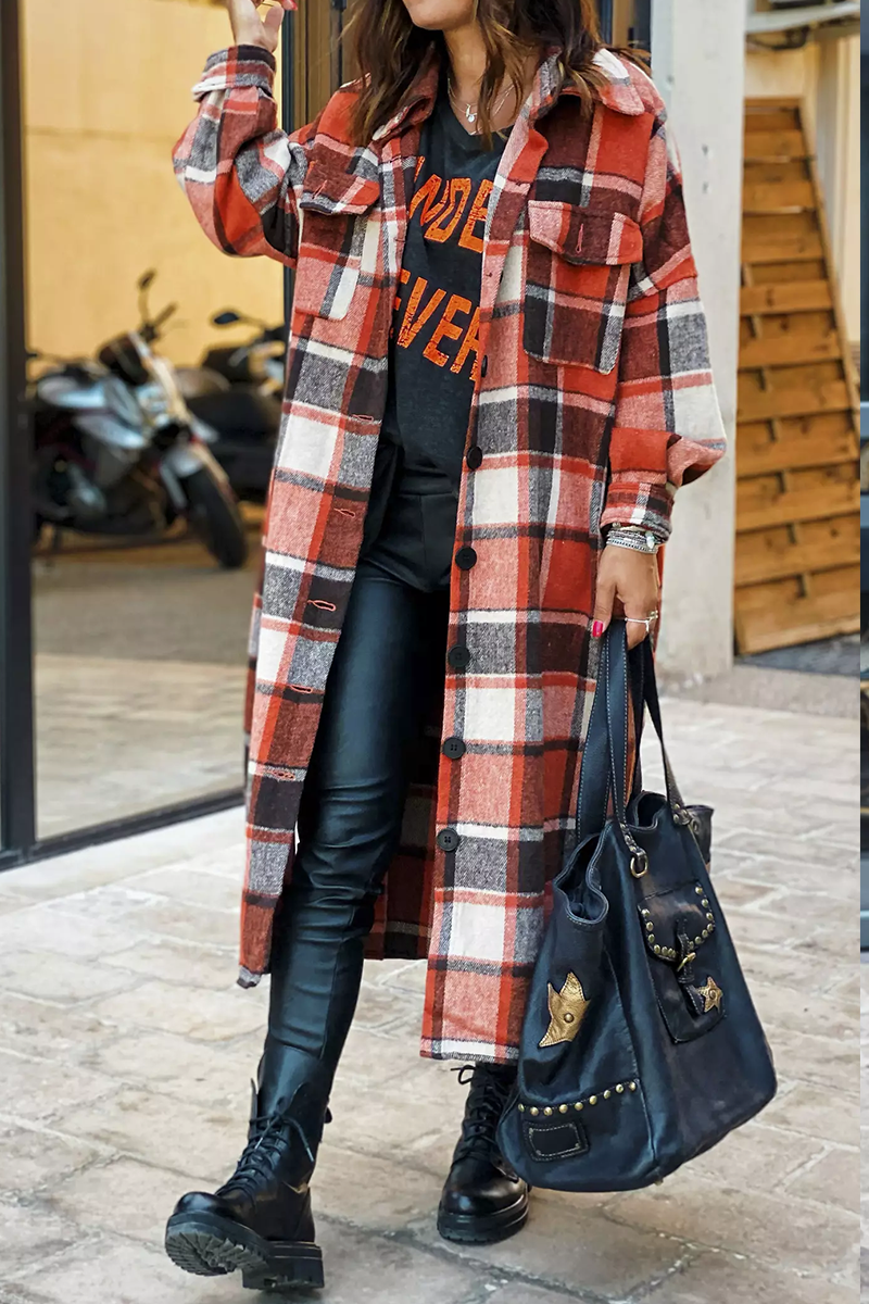 Heidi-Mode | Klappkragen Karoprint Wolle Lange Jacke