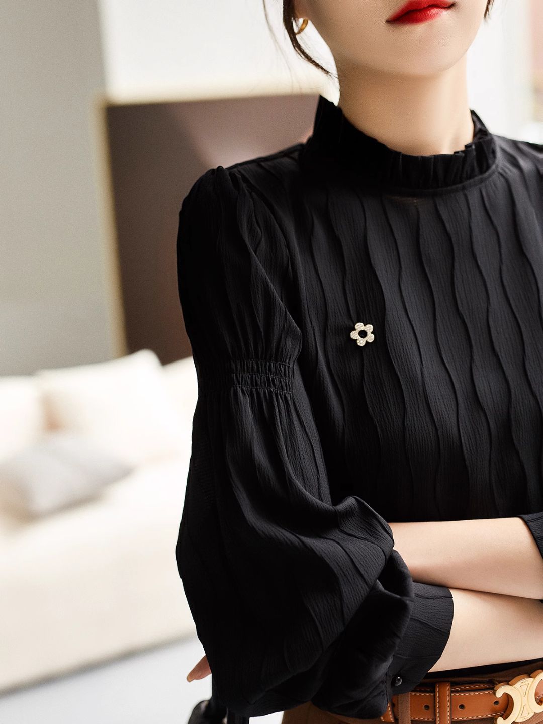 Heidi-Mode | Wavy Textured Stand Collar Top Gelb
