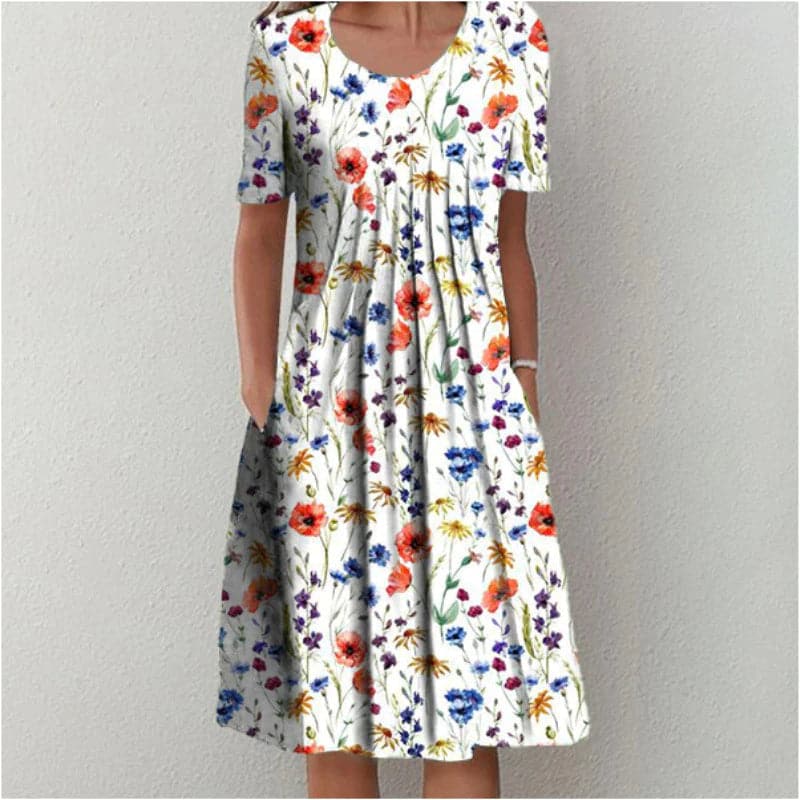 Heidi-Mode | Kleid A-Linie Passform Knielang mit Kurzen Ärmeln Blumenmuster mit Taschen