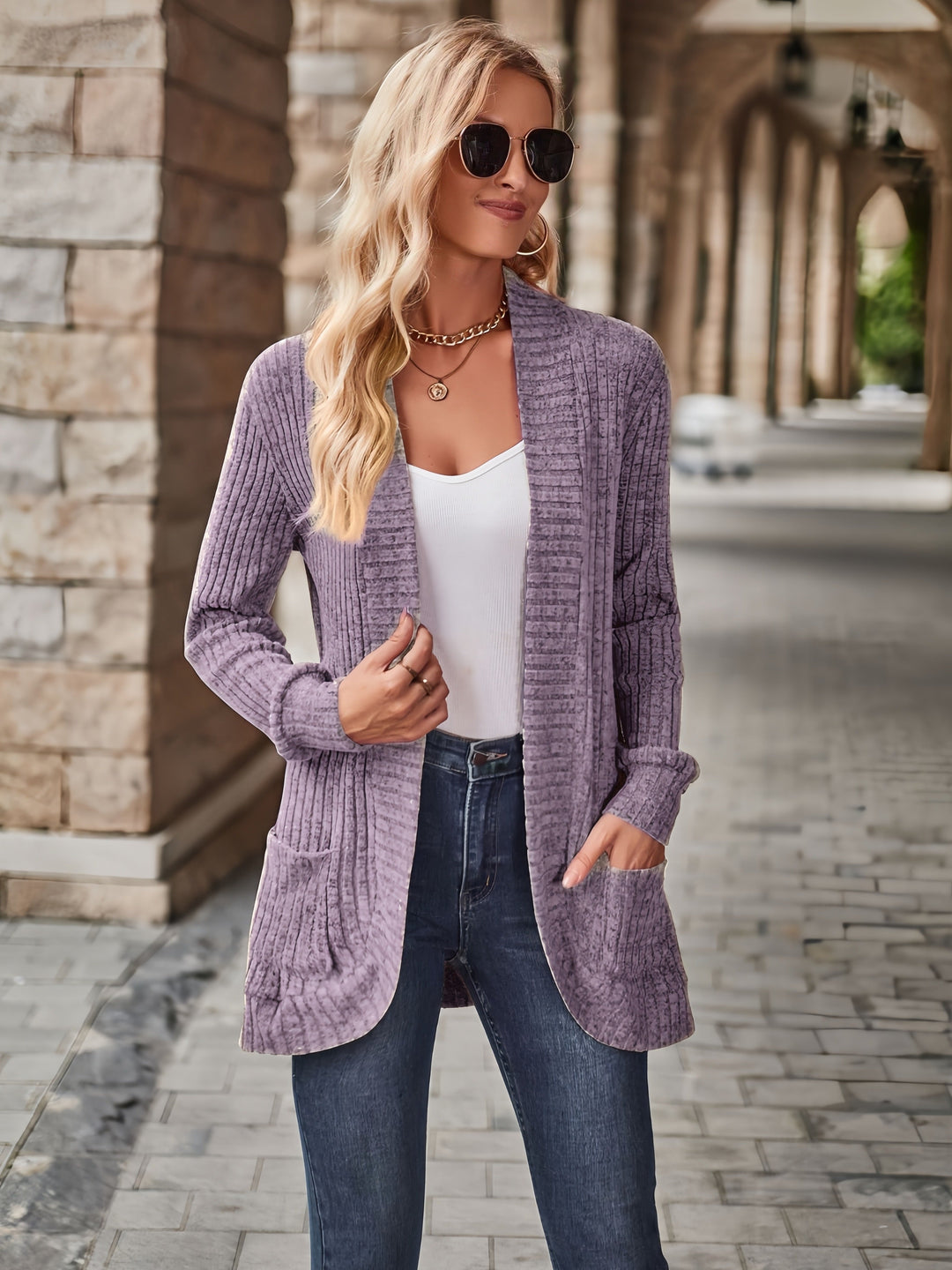 Heidi-Mode | Damen Gerippter Offener Vorderseite Strickjacke Lange Ärmeln Lässig Strickpullover mit Taschen