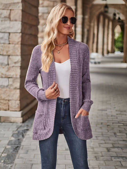 Heidi-Mode | Damen Gerippter Offener Vorderseite Strickjacke Lange Ärmeln Lässig Strickpullover mit Taschen