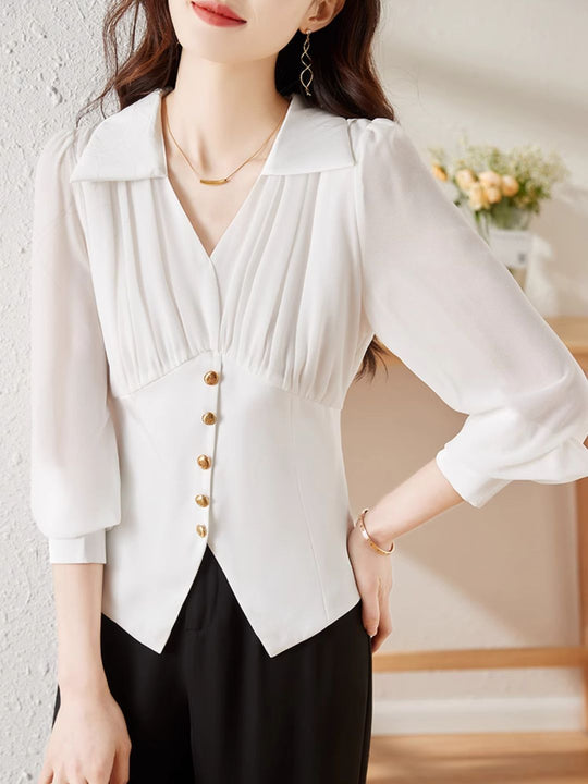 Heidi-Mode | Chiffon Falten Taille Shirt Schwarz