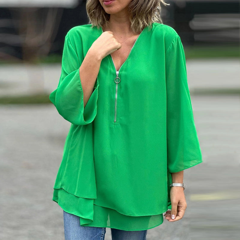 Heidi-Mode | Chiffon Reißverschluss Top mit V-Ausschnitt
