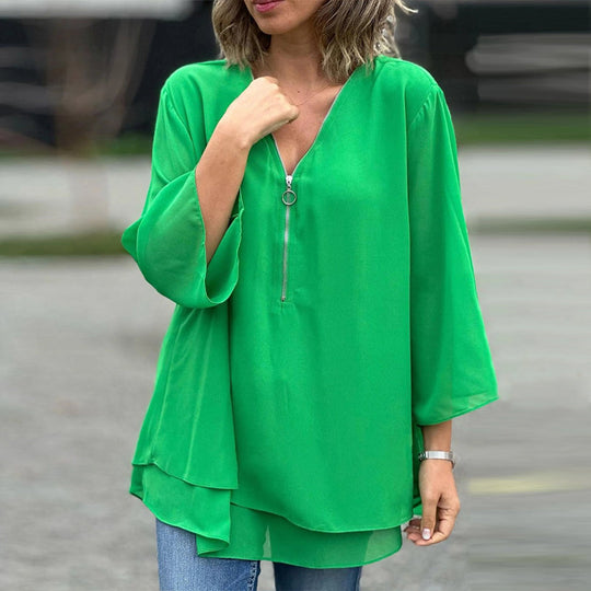Heidi-Mode | Chiffon Reißverschluss Top mit V-Ausschnitt