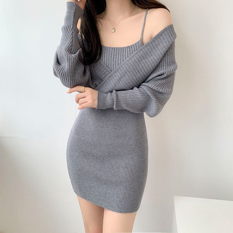 Heidi-Mode | Fake Zweiteiler Slim Fit Langarm Strickkleid