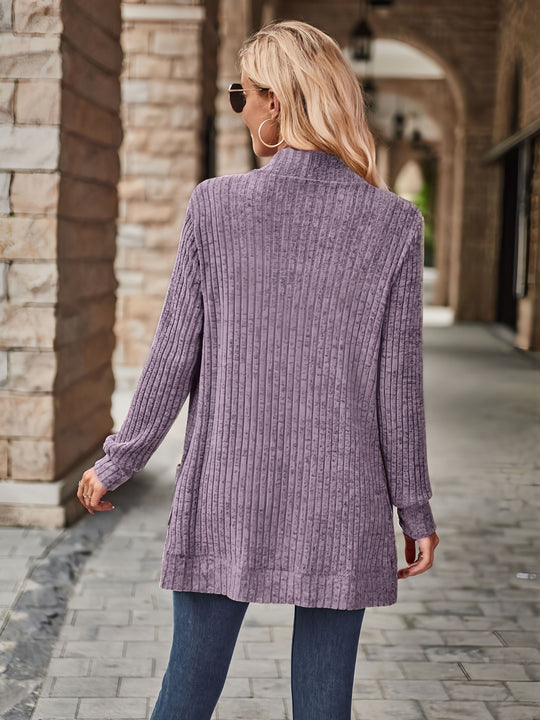 Heidi-Mode | Damen Gerippter Offener Vorderseite Strickjacke Lange Ärmeln Lässig Strickpullover mit Taschen