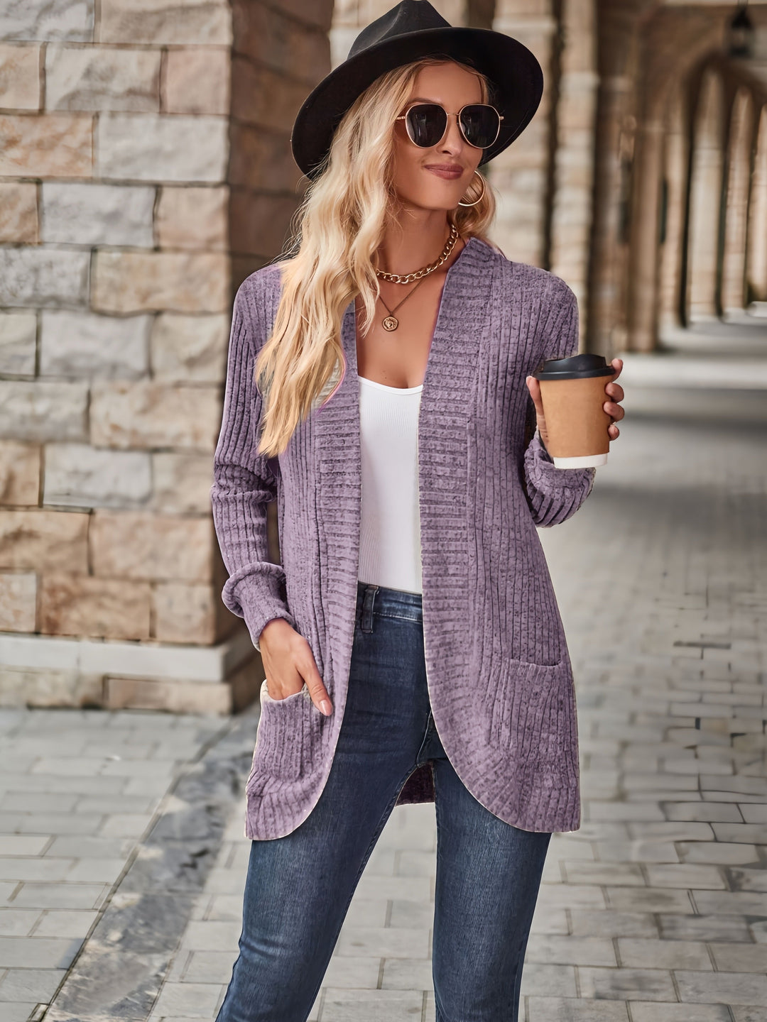 Heidi-Mode | Damen Gerippter Offener Vorderseite Strickjacke Lange Ärmeln Lässig Strickpullover mit Taschen