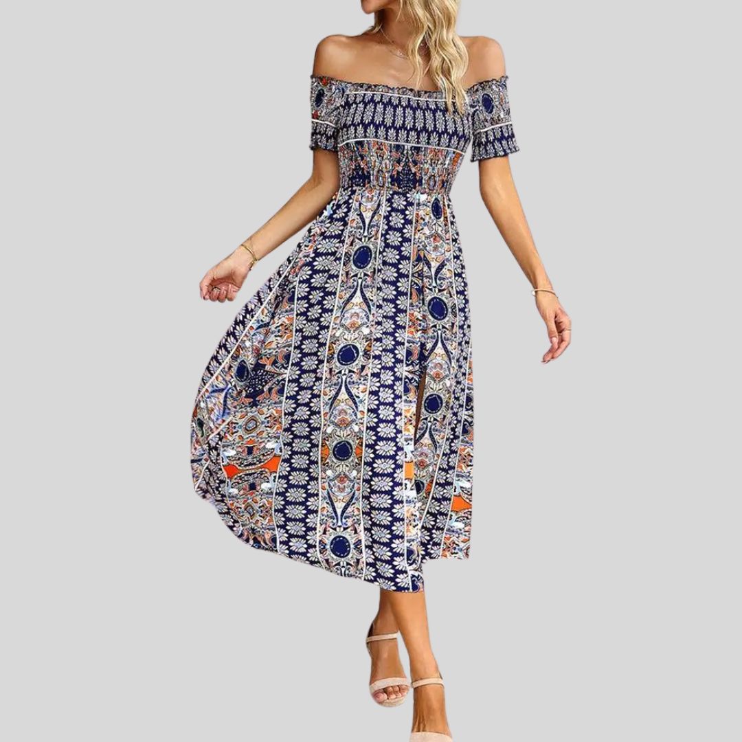 Langes Boho-Kleid mit freien Schultern und Rüschen