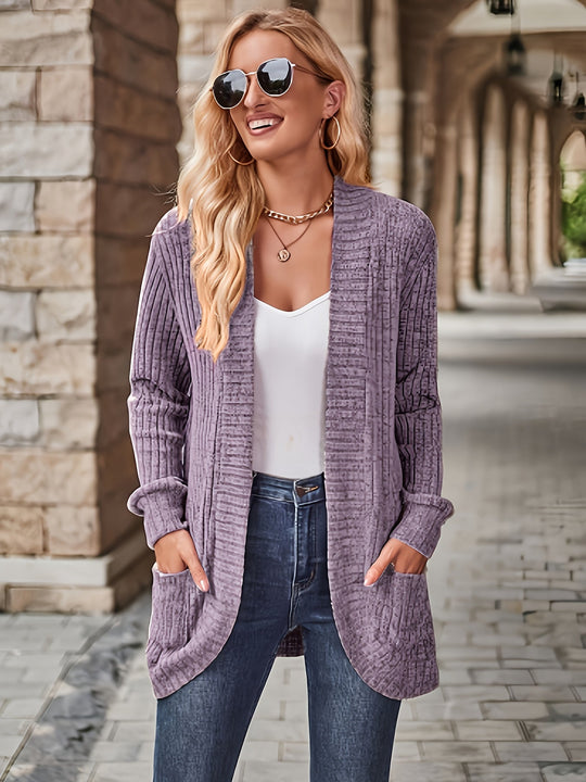 Heidi-Mode | Damen Gerippter Offener Vorderseite Strickjacke Lange Ärmeln Lässig Strickpullover mit Taschen