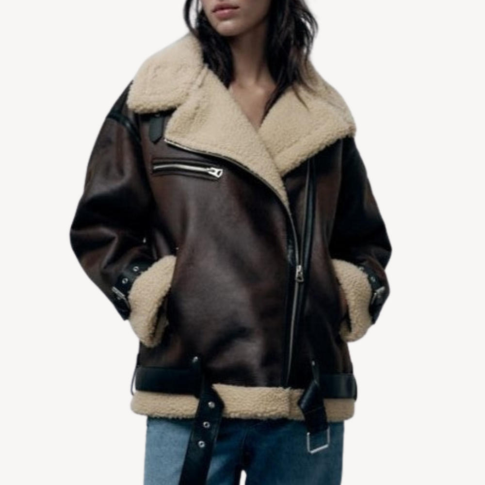 Heidi-Mode | Damen Faux Shearling Pilotenjacke Braun