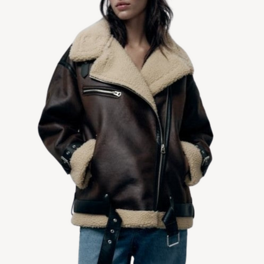 Heidi-Mode | Damen Faux Shearling Pilotenjacke Braun