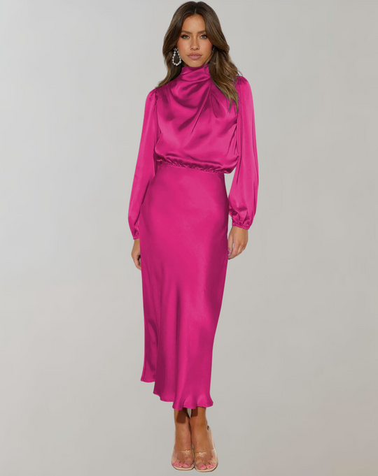 elegantes Satin-Abendkleid mit langen Ärmeln