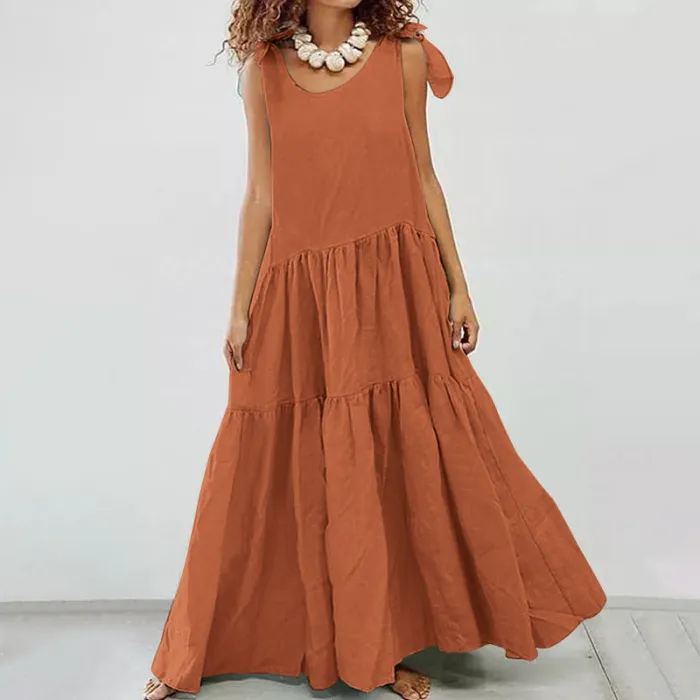 Mode Fest Farbe Schnürung Weste Casual geraffte Maxi Kleid