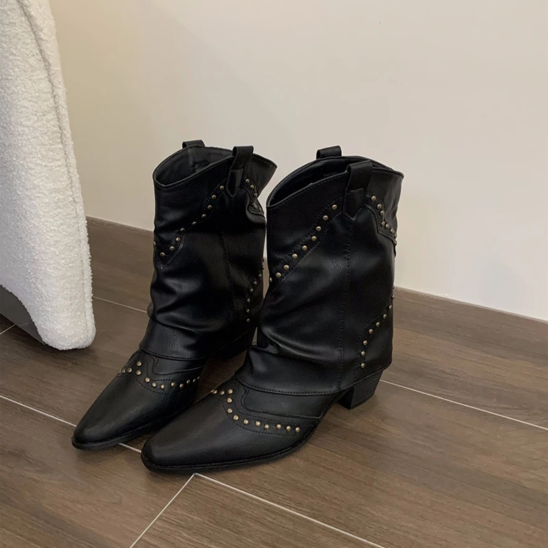 Heidi-Mode | Kurze Western Stiefel mit Nieten & Mittelhohem Absatz Damen Cowboy Stiefel