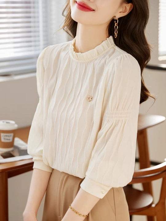 Heidi-Mode | Wavy Textured Stand Collar Top Gelb