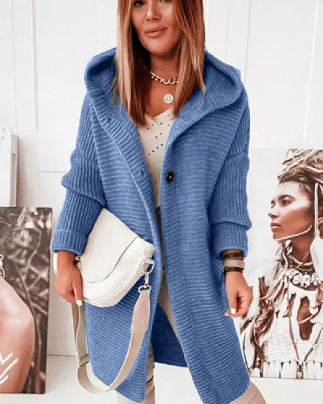 Heidi-Mode | Lange Damen-Weste, Strickjacke mit Kapuze und Knöpfen