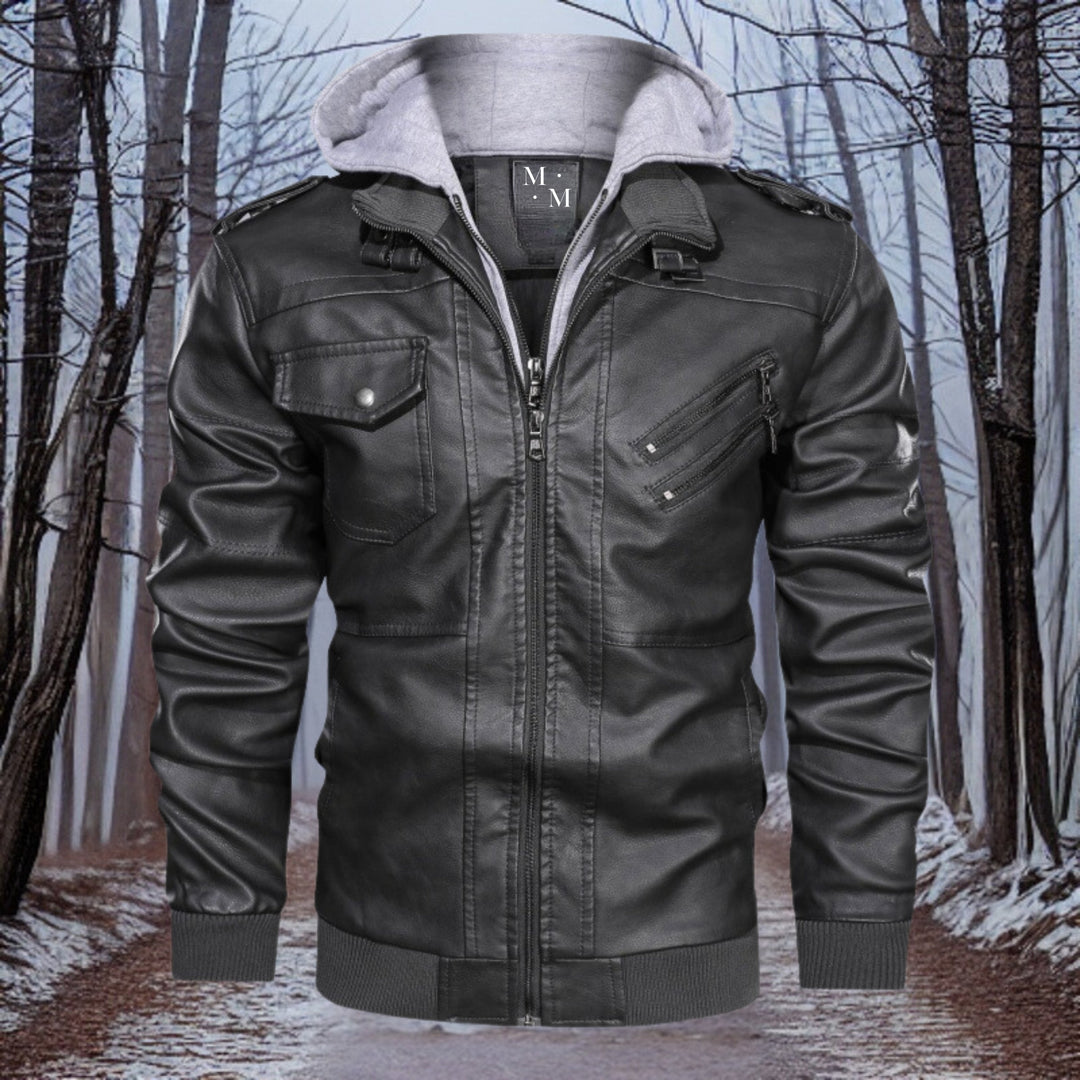 Premium warme Lederjacke mit Kapuze