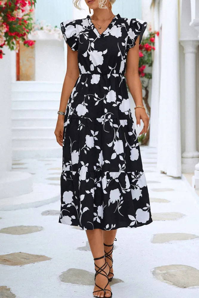 Floral V-Ausschnitt Strand Rüschenärmel Midi Kleid