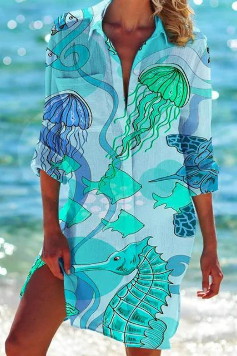 Heidi-Mode - Lange Strandbluse mit Meeresmotiv
