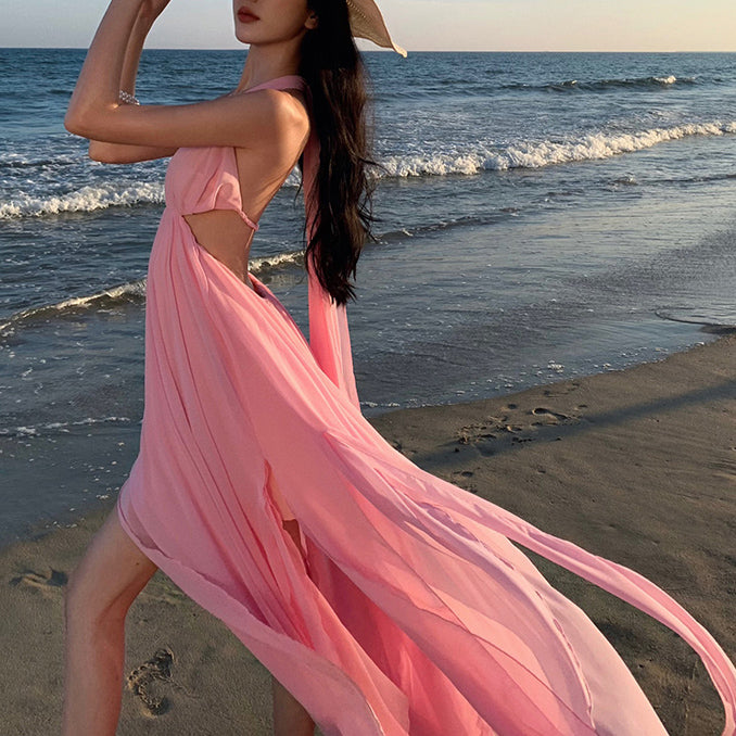 Heidi-Mode | Pink Ribbon Halter Neck Hollow Slit Urlaubskleid