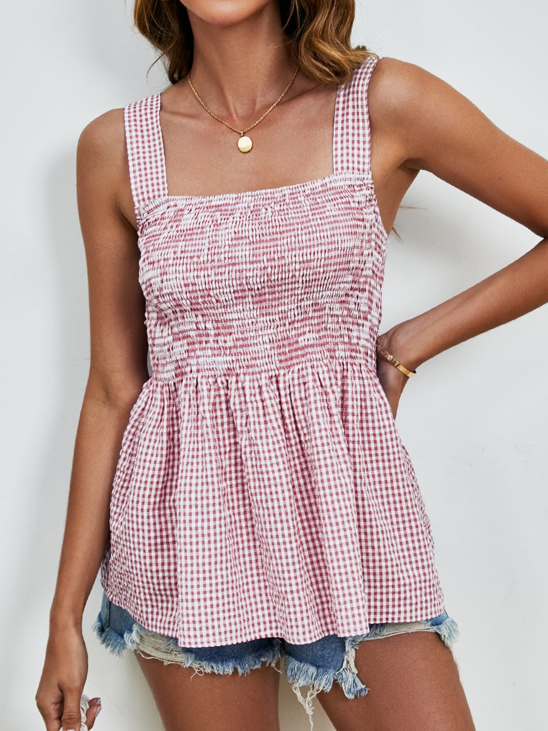 Heidi-Mode | Geraffte Karos Quadrat-Ausschnitt Tanktop