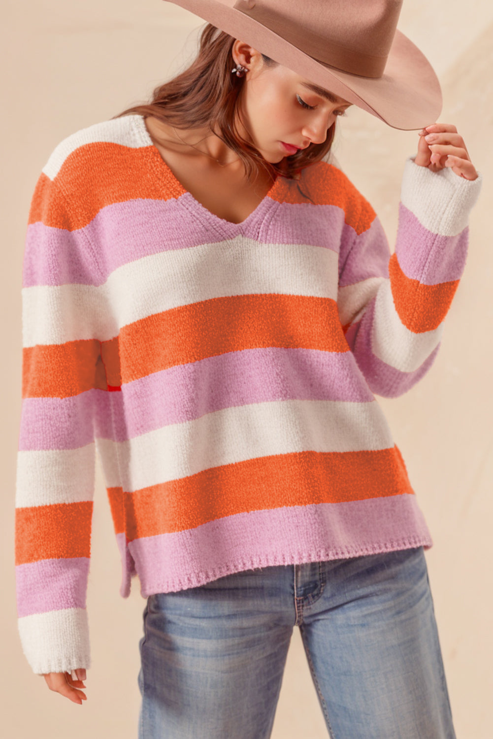 Gestreifter Colorblock V-Ausschnitt Freizeitpullover