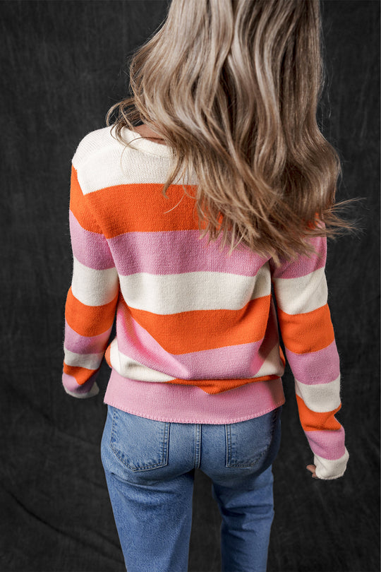 Gestreifter Colorblock V-Ausschnitt Freizeitpullover