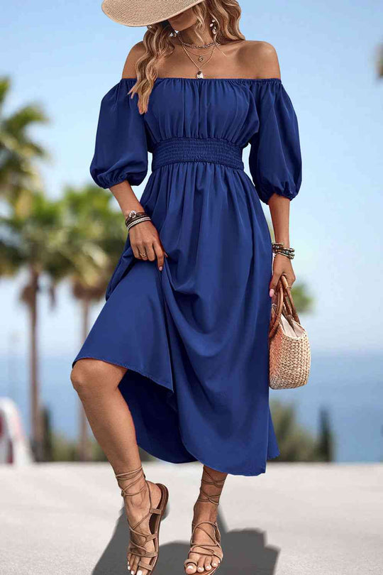 Heidi-Mode | Quadrat-Ausschnitt Geraffte Taille Puffärmeln Midi Kleid
